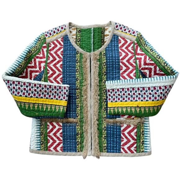 Cropped Boho chic round neck quilted colorful fringed jacket x small - Picture 1 of 12